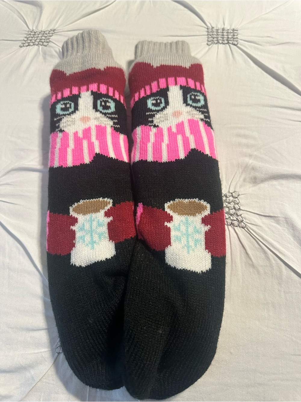 Cuddl Duds Pink & Black Cat Mug Pattern Fleece Socks